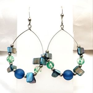 Beaded Drop Circle Hoop Swing Dangle Earrings - Assorted Blue Colors
